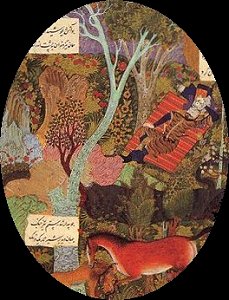Rustam Sleeping while Rakhsh fights the lion